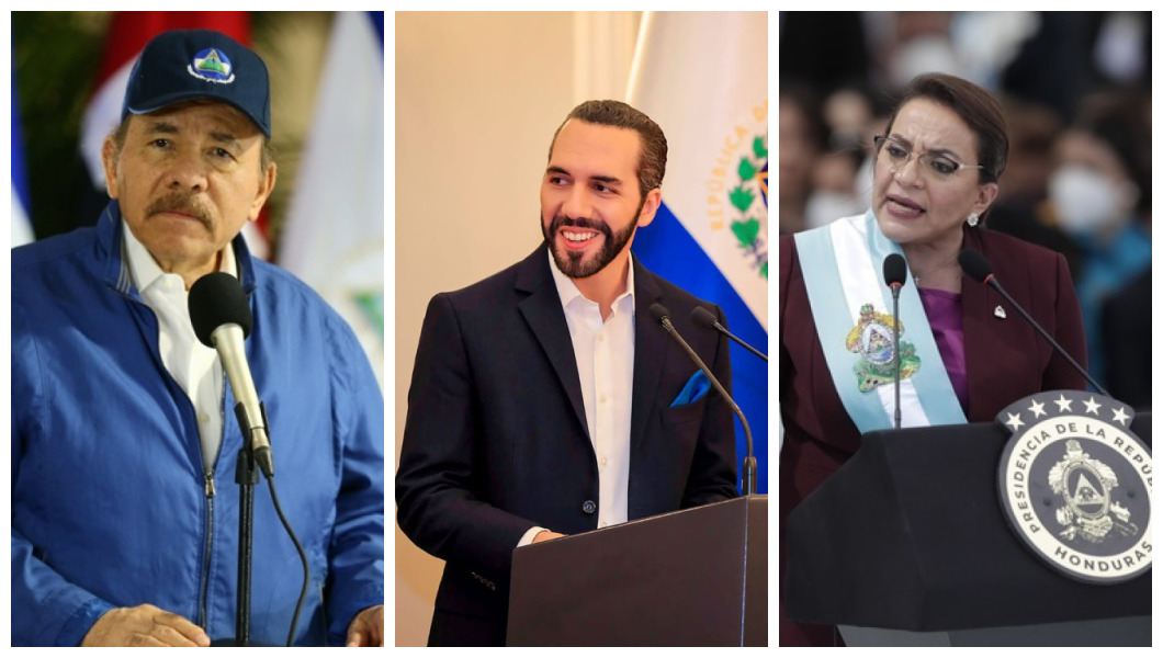 Daniel Ortega, Nayib Bukele y Xiomara Castro.