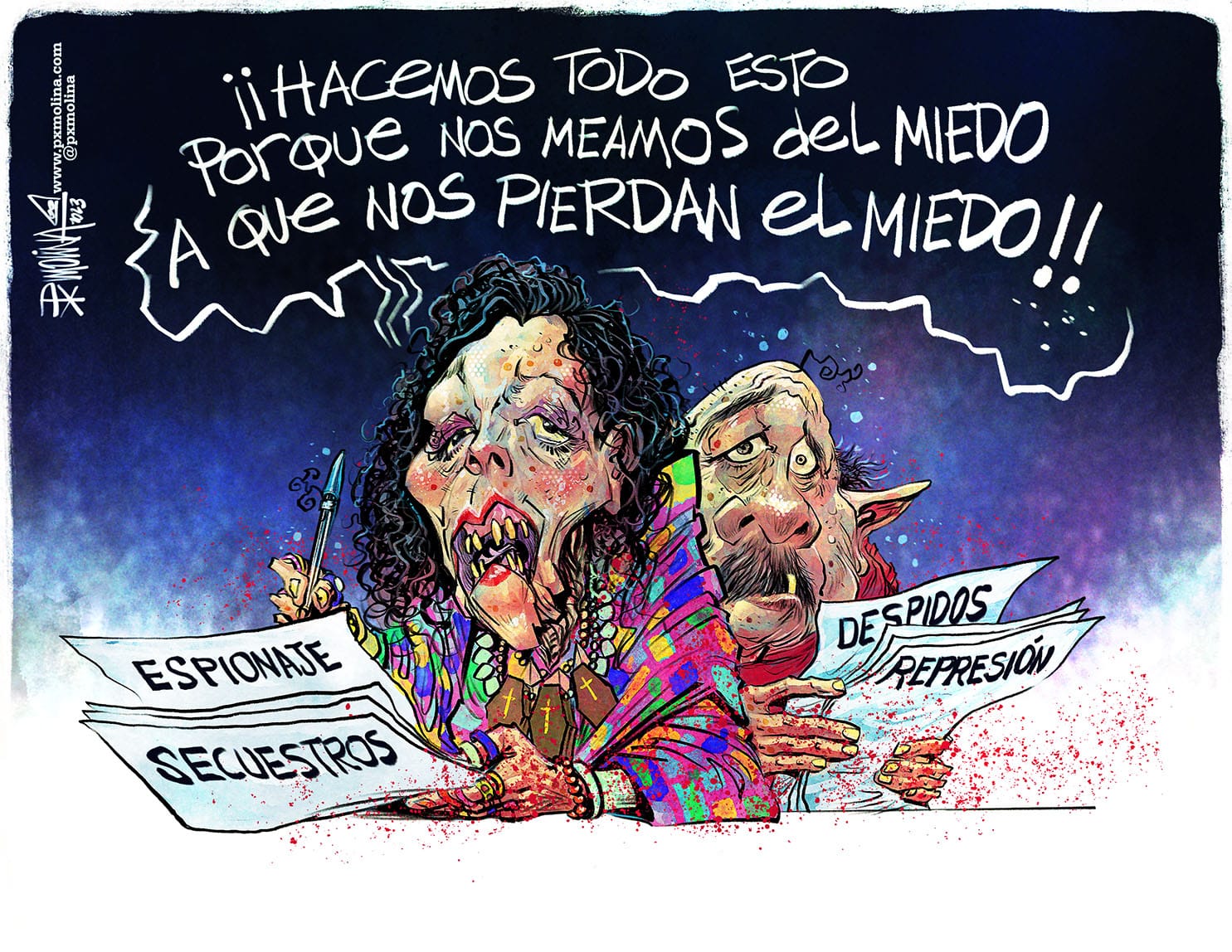 Caricatura Ortega y Murillo con miedo