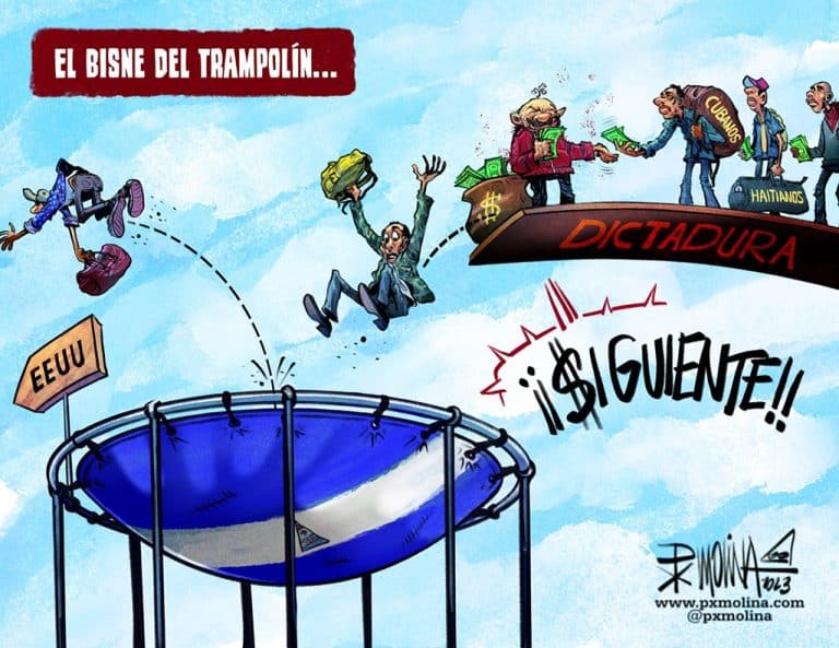 Caricatura trampolín de migrantes.