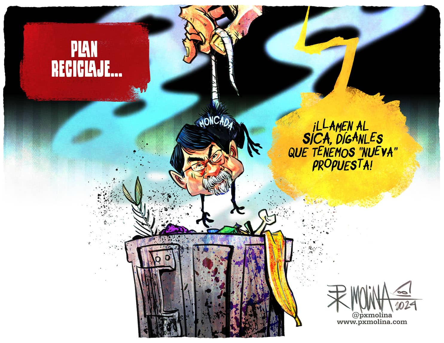 Caricatura plan reciclaje con excanciller Moncada