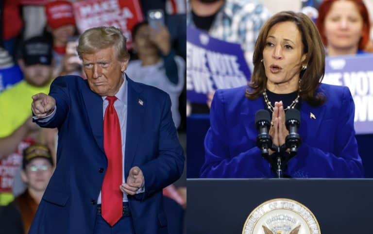 El expresidente Donald Trump, candidato presidencial republicano, a la izquierda; la actual vicepresidenta y candidata demócrata Kamala Harris, a la derecha.