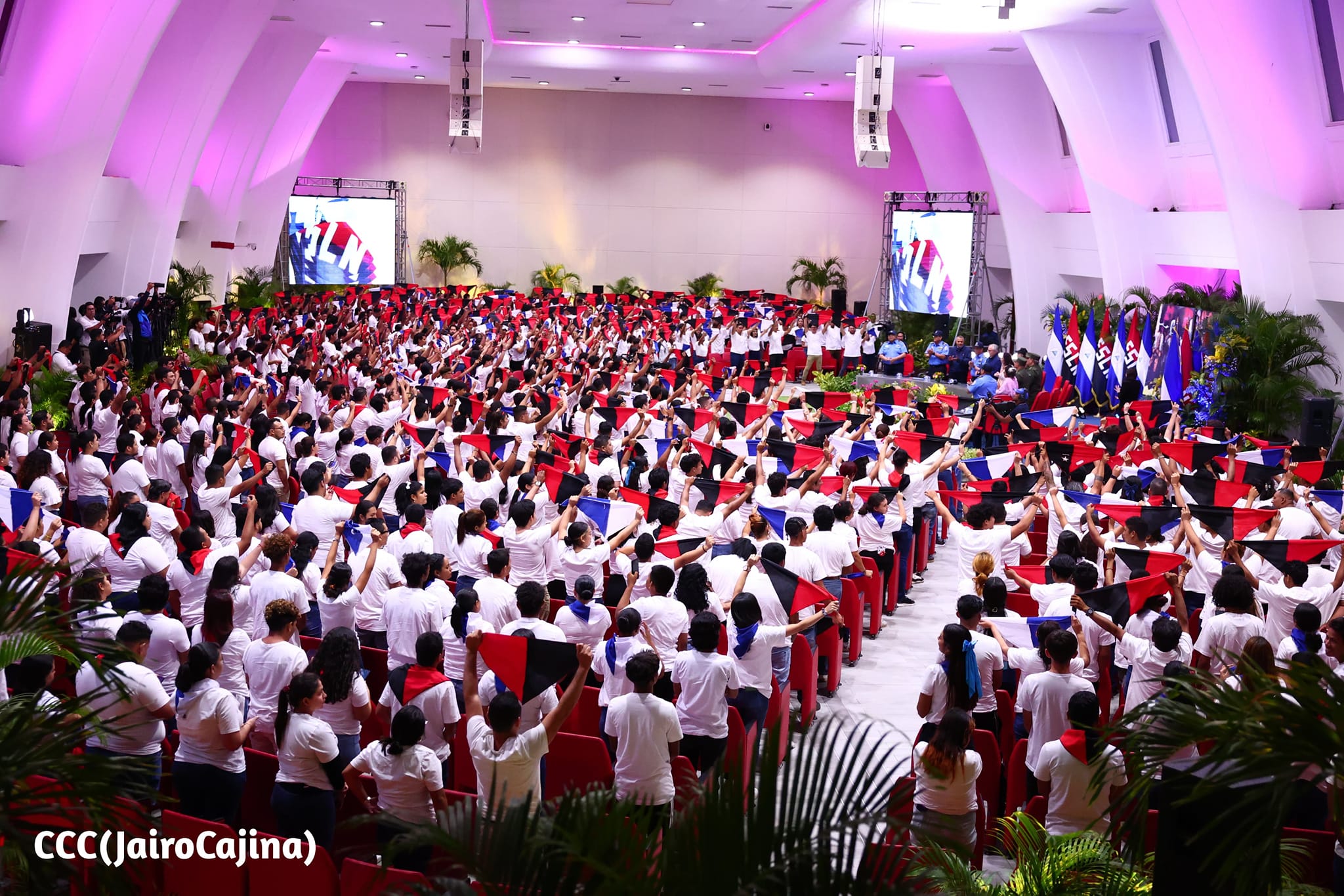 Sandinistas en un acto partidario dedicado a Sandino el 21 de febrero de 2024.